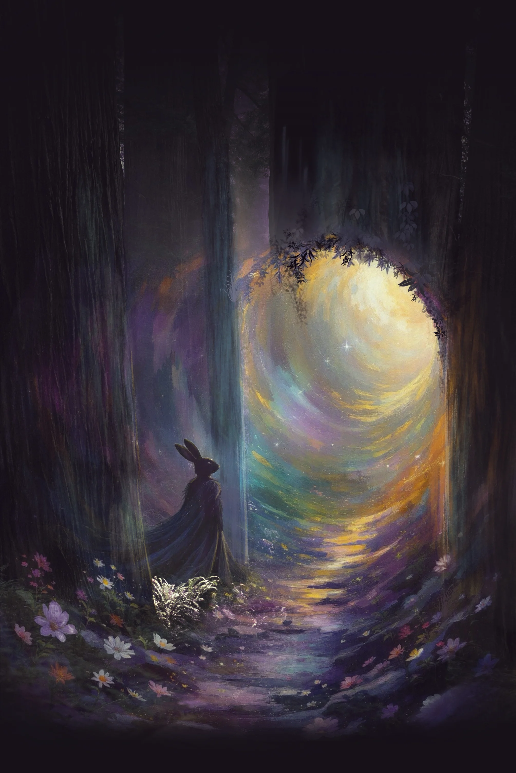 A cloaked rabbit at the edge of a dark forest, looking into an arch of swirling light — mixed media artwork by Ausra the Fool