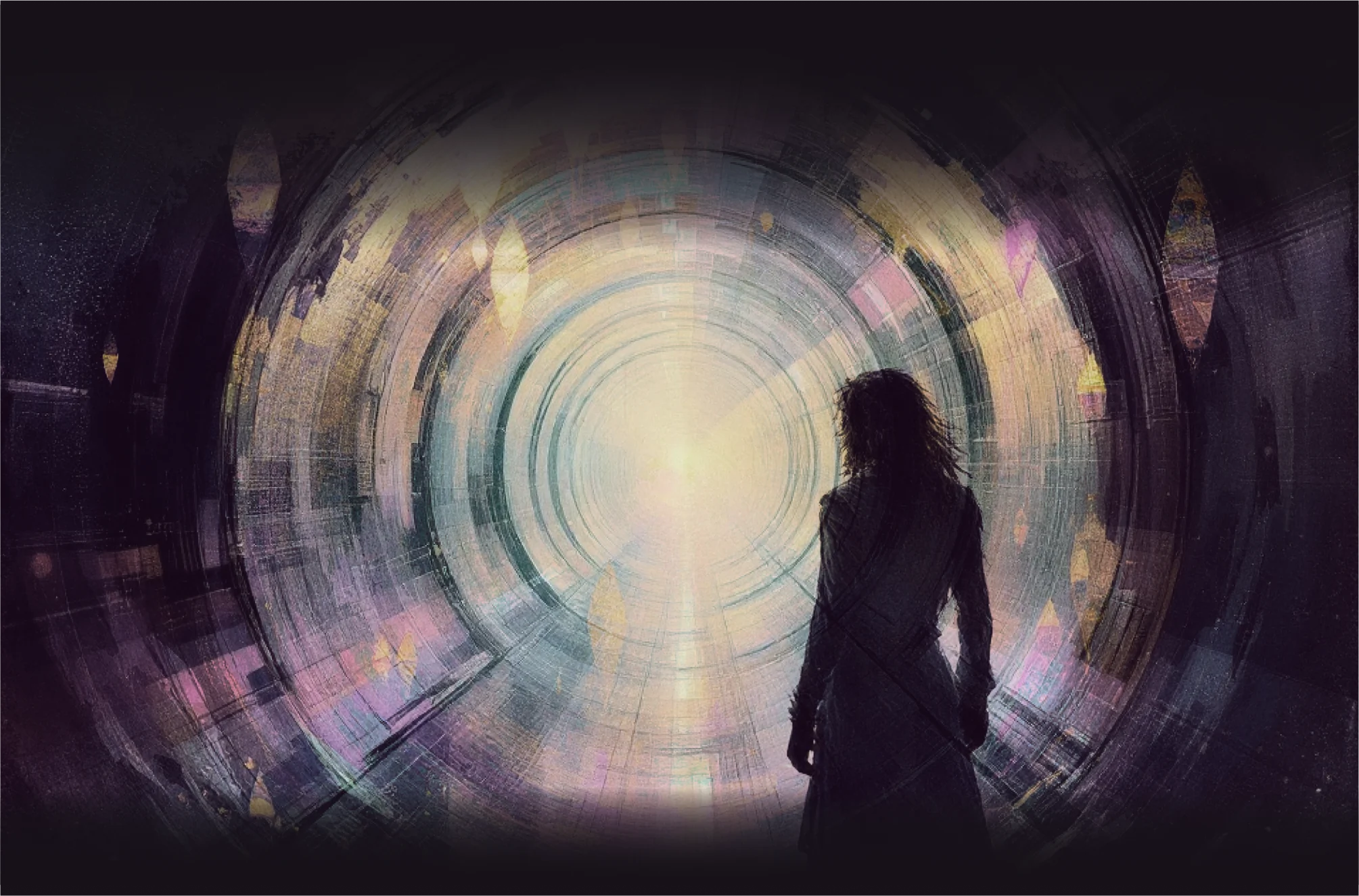A figure before a vast circular tunnel of layered light — mixed media artwork by Ausra the Fool